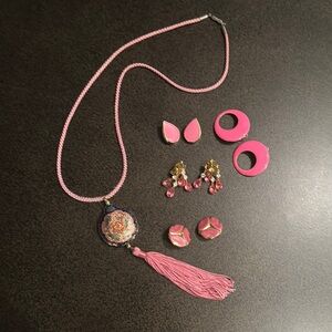 Pink Vintage Jewelry collection with Tassel Necklace and Earrings